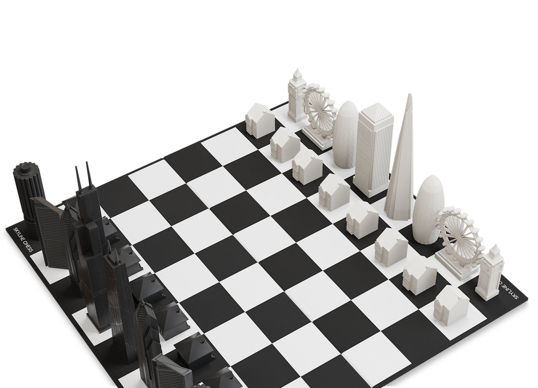 Skyline Chess Set, Chicago Vs London, Acrylic, Corner View, Folding Board