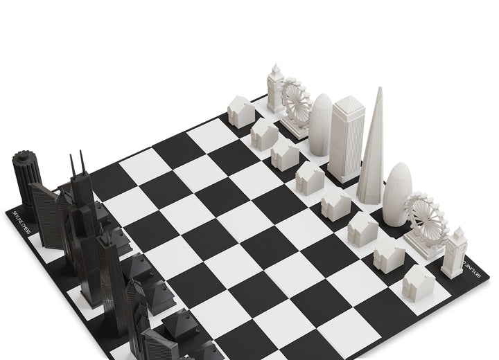 Skyline Chess Set, Chicago Vs London, Acrylic, Corner View, Folding Board