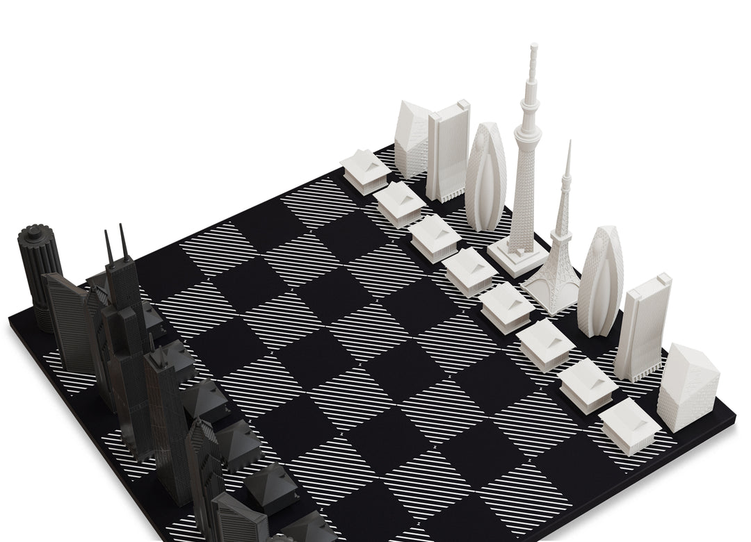 Skyline Chess Set, Chicago Vs Tokyo, Acrylic, Side View, Hatch Board