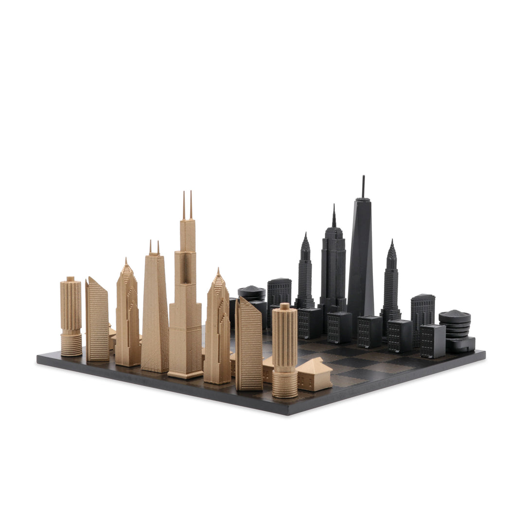 Skyline Chess Set, London Vs New York, Bronze, Side View, Wood Board