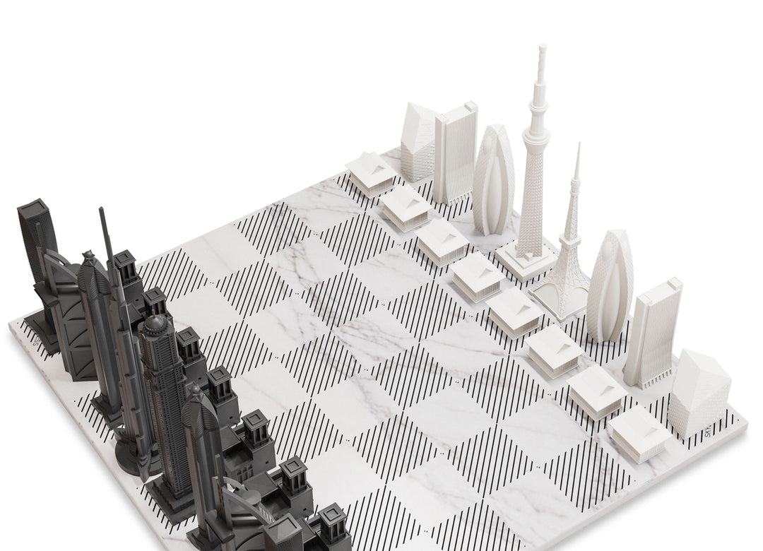 Skyline Chess Set, Chicago Vs. Dubai, Acrylic, Corner View, Marble Board