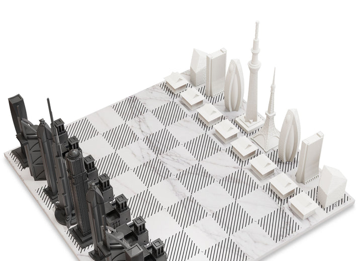 Skyline Chess Set, Chicago Vs. Dubai, Acrylic, Corner View, Marble Board