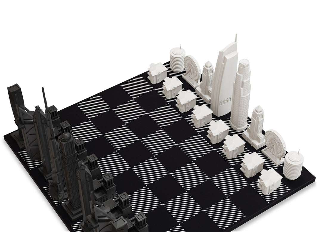Skyline Chess Set, Chicago Vs. London, Acrylic, Side View, Carrara Marble Board