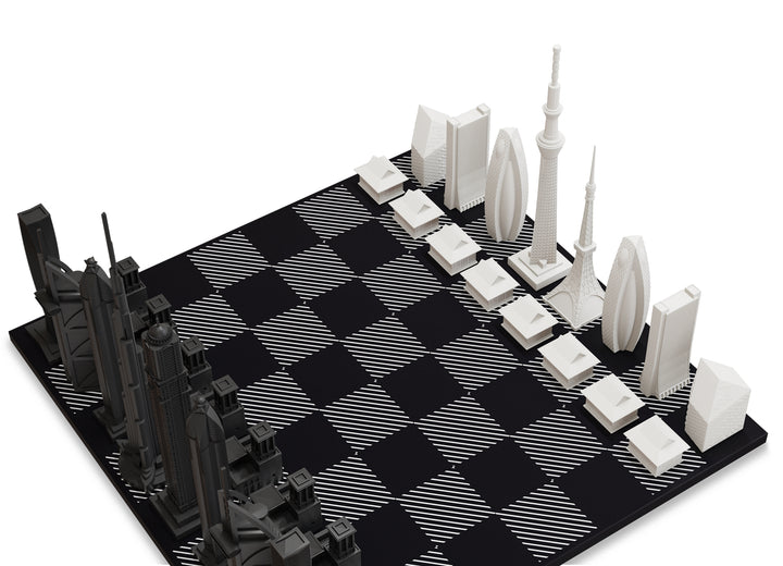 Skyline Chess Set, Chicago Vs. Dubai, Acrylic, Corner View, Hatch Board