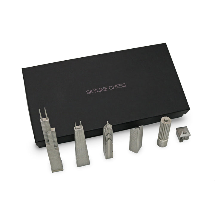 Skyline Chess Set, Chicago, Steel Metal, Corner View, Silver Board