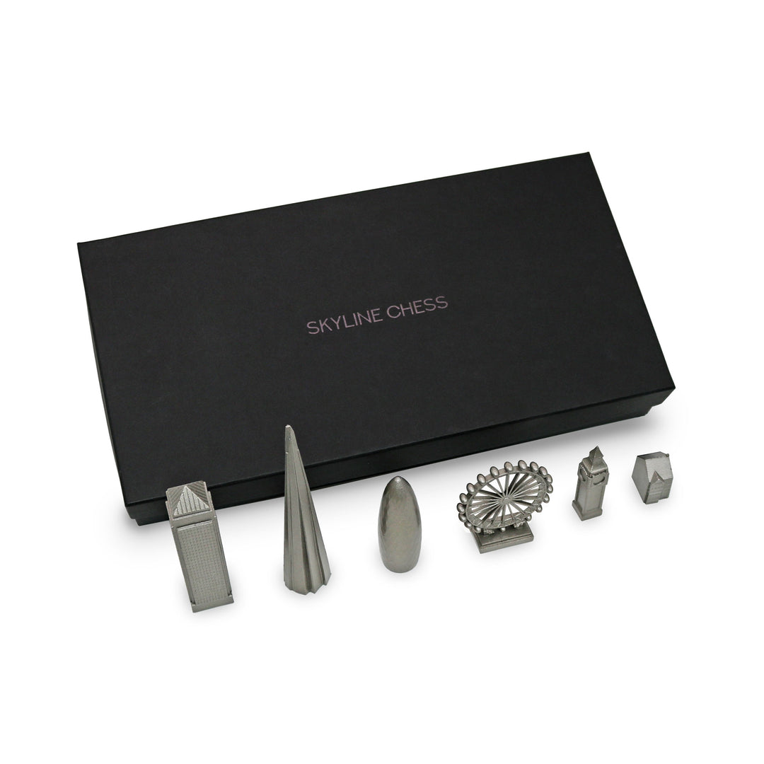 Skyline Chess Set, London, Steel, Side View