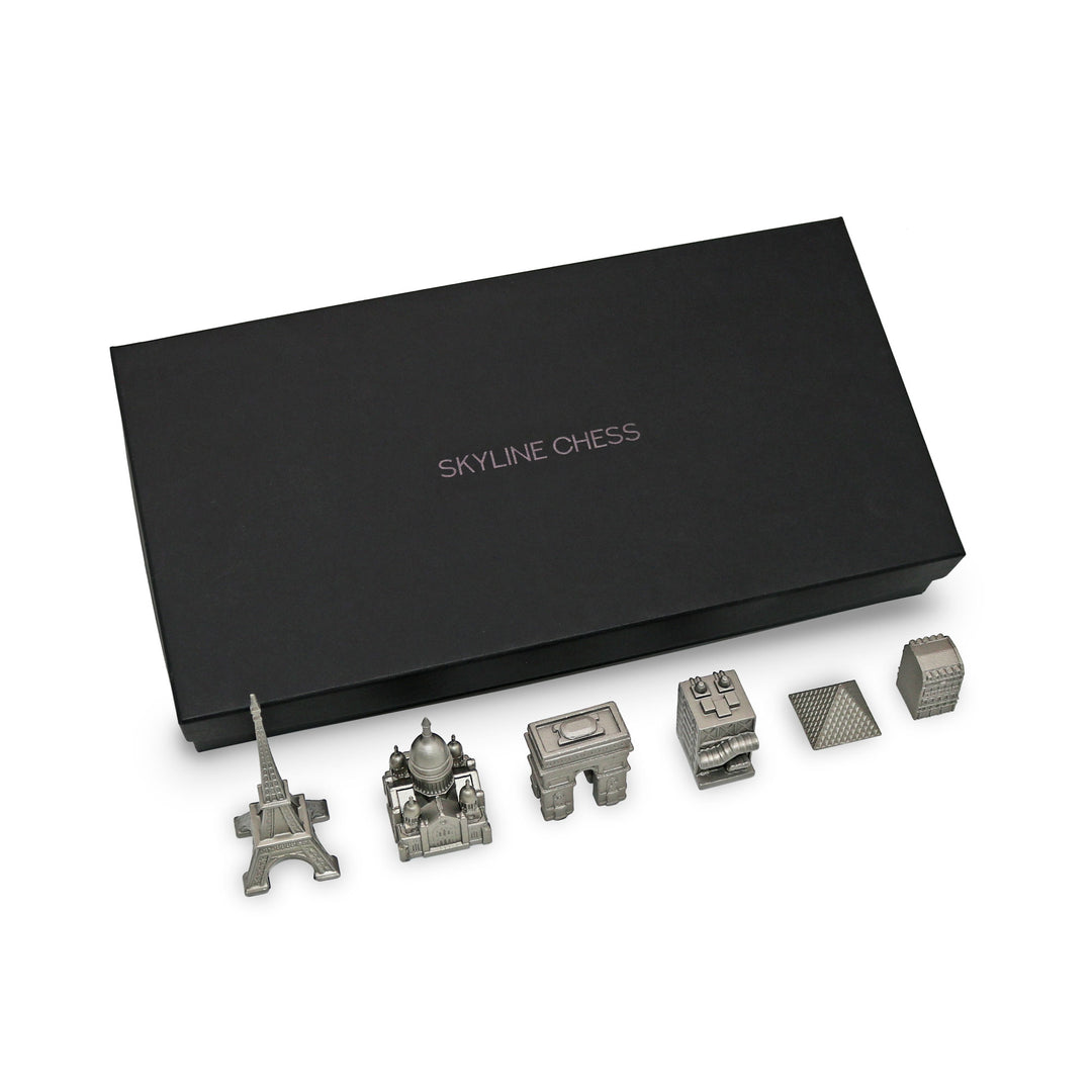 Skyline Chess Set, Paris, Steel Metal, Corner View, Steel Board