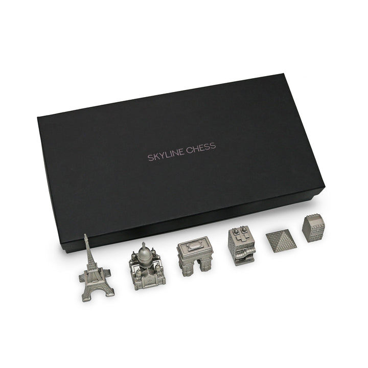 Skyline Chess Set, Paris, Steel Metal, Corner View, Steel Board