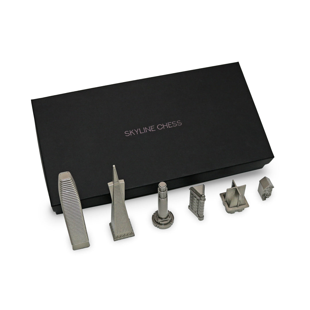 Skyline Chess Set, San Francisco, Stainless Steel, Side View