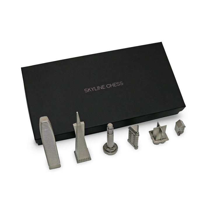Skyline Chess Set, San Francisco, Stainless Steel, Side View