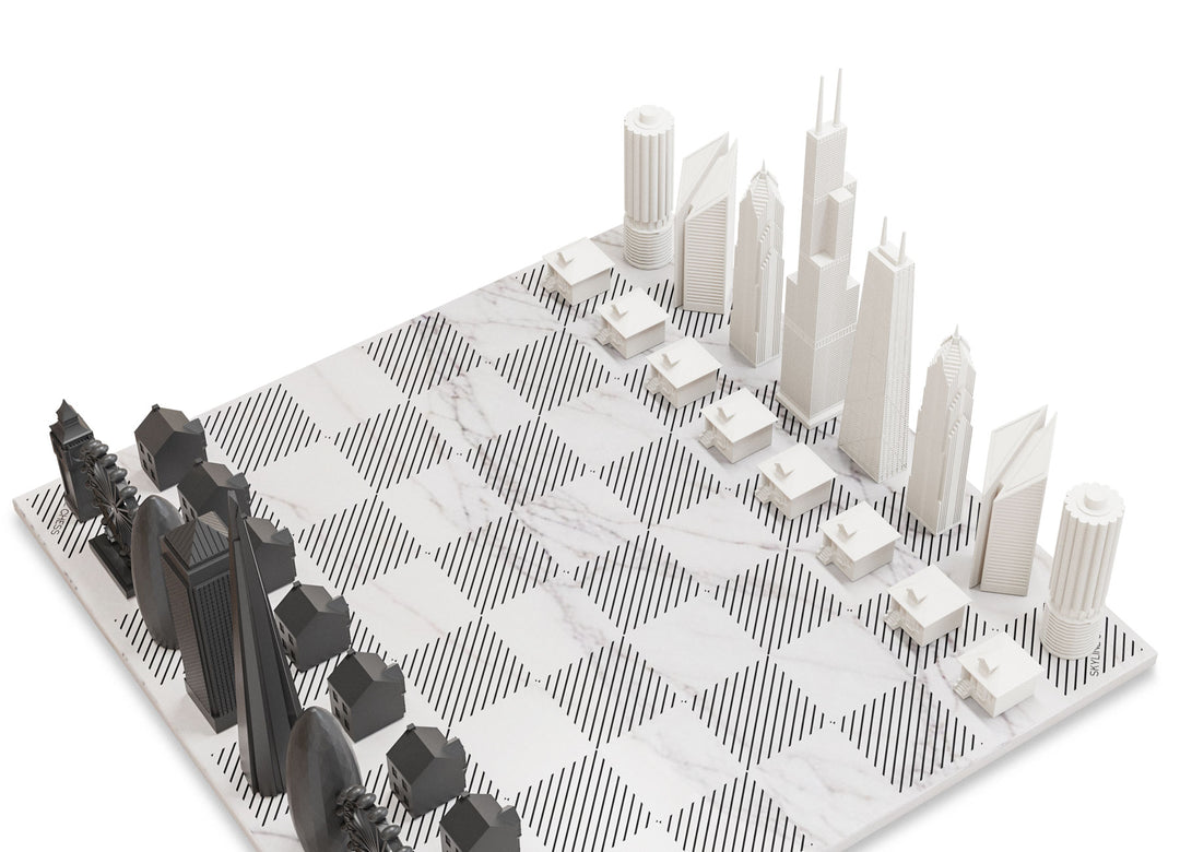 Skyline Chess Set, London Vs. Chicago, Acrylic, Side View, Marble Board
