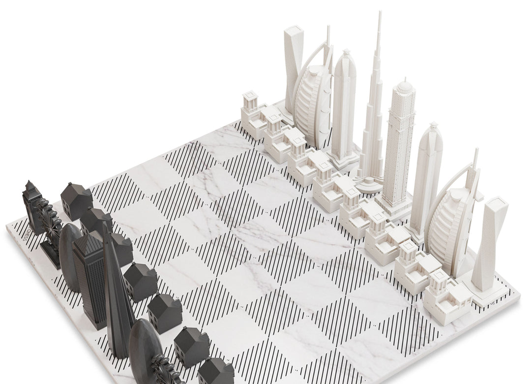 Skyline Chess Set, Chicago Vs. Tokyo, Acrylic, Corner View, Carrara Marble Board