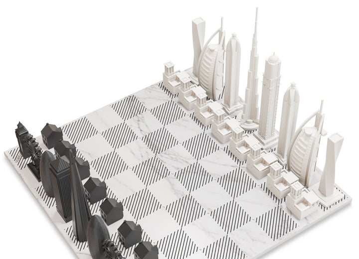 Skyline Chess Set, Chicago Vs. Tokyo, Acrylic, Corner View, Carrara Marble Board