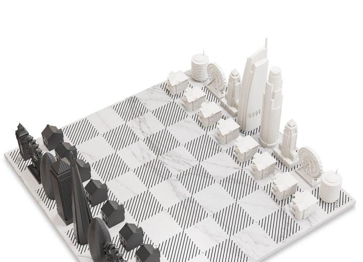 Skyline Chess Set, Chicago Vs. Los Angeles, Acrylic, Marble Board