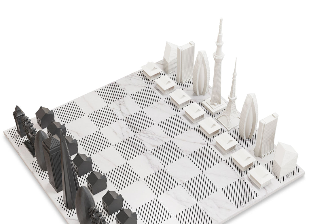 Skyline Chess Set, Dubai Vs. Tokyo, Acrylic, Side View, Carrara Marble Board