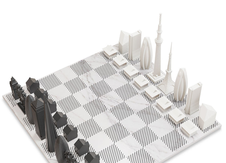 Skyline Chess Set, Dubai Vs. Tokyo, Acrylic, Side View, Carrara Marble Board