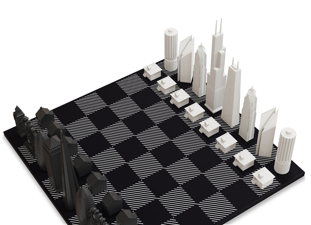 Skyline Chess Set, London Vs Chicago, Acrylic, Side View, Hatch Board