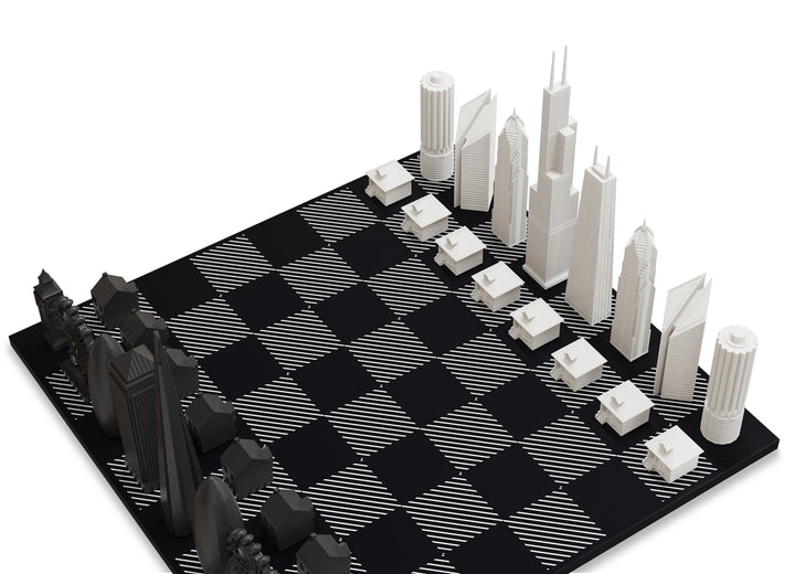 Skyline Chess Set, London Vs Chicago, Acrylic, Side View, Hatch Board