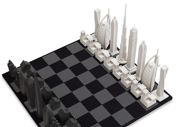 Skyline Chess Set, Chicago Vs. Tokyo, Acrylic, Corner View, Wooden Board