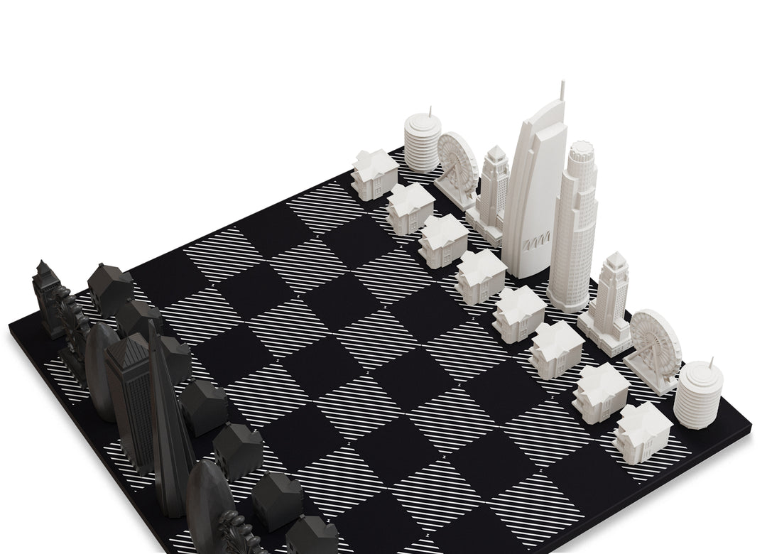 Skyline Chess Set, Chicago Vs. New York, Acrylic, Hatch View, Card Board