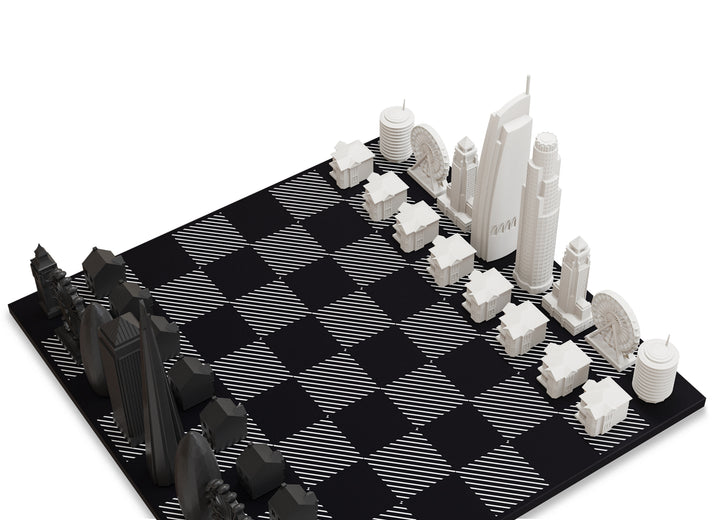 Skyline Chess Set, Chicago Vs. New York, Acrylic, Hatch View, Card Board