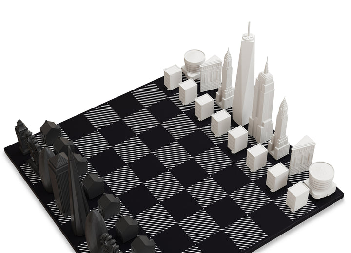 Skyline Chess Set, London Vs. New York, Acrylic, Hatch View, Carrara Marble Board