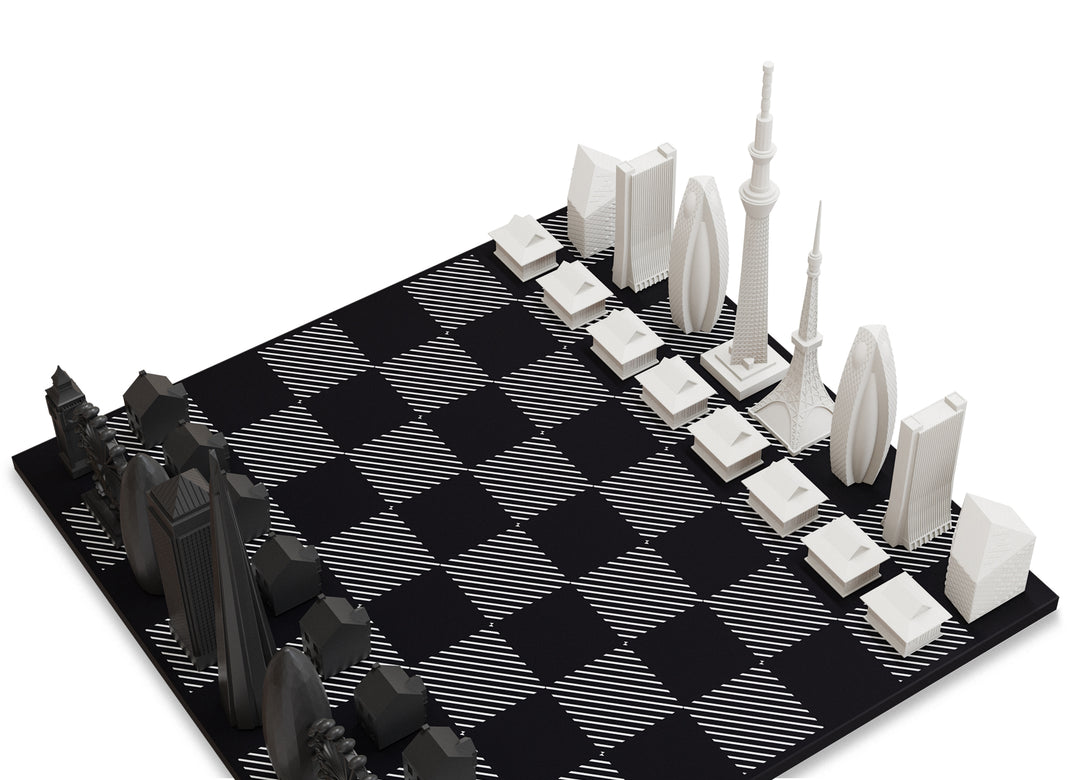 Skyline Chess Set, Dubai Vs. Tokyo, Acrylic, Corner View, Hatch Board