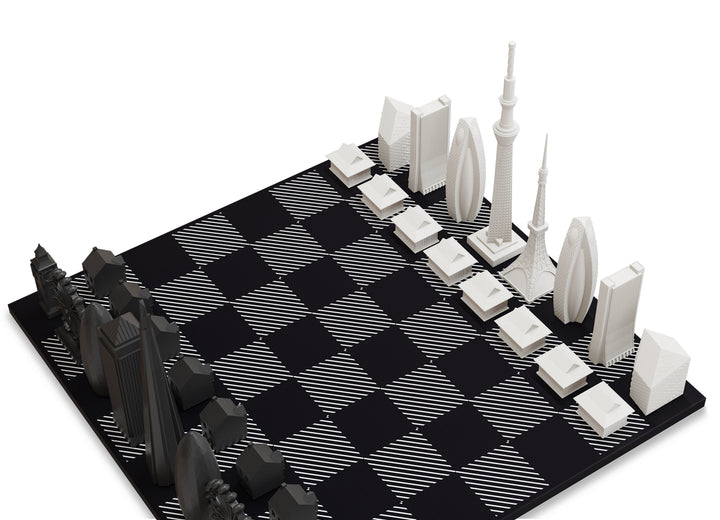Skyline Chess Set, Dubai Vs. Tokyo, Acrylic, Corner View, Hatch Board