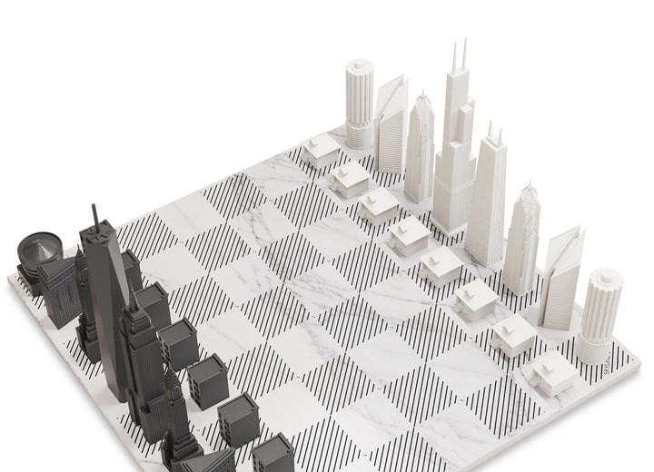 Skyline Chess Set, NYC Vs Chicago, Acrylic, Side View, Marble Board