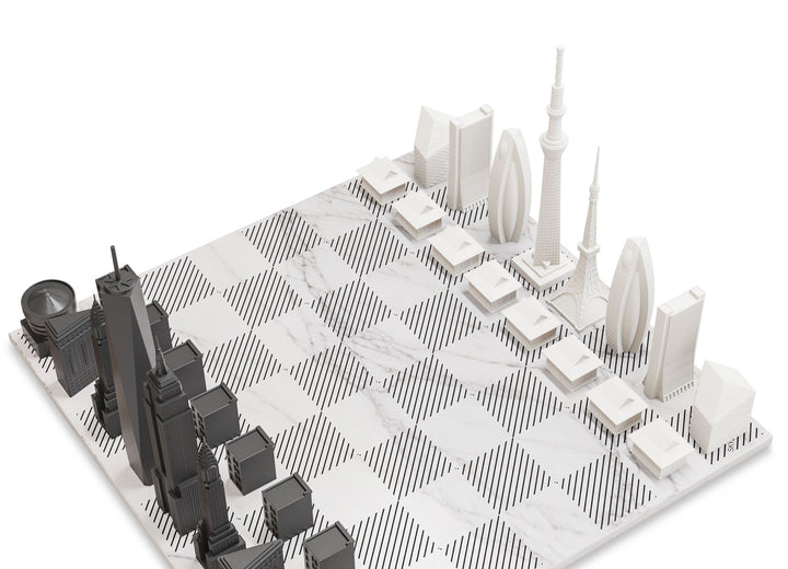 Skyline Chess Set, Chicago Vs. New York, Acrylic, Marble Board