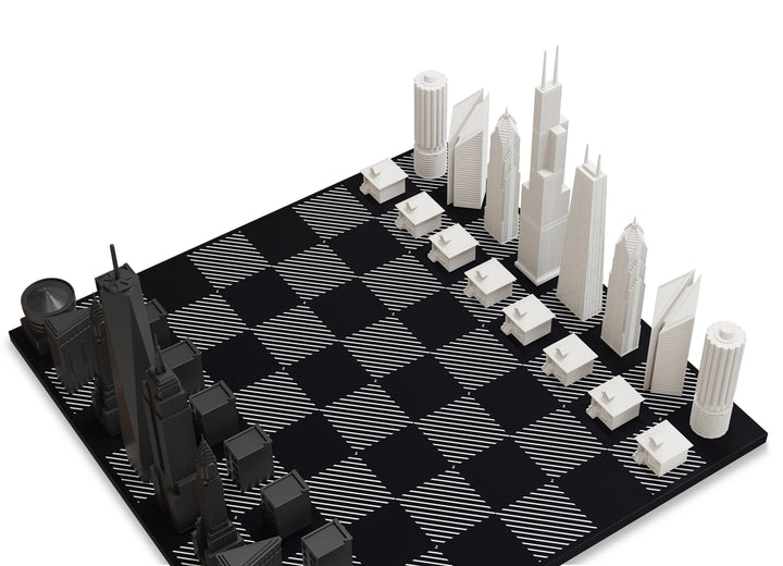 Skyline Chess Set, New York vs Chicago, Acrylic, Side View, Hatch Board