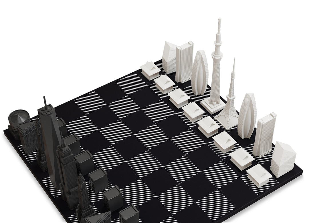Skyline Chess Set, Chicago Vs. New York, Acrylic, Side View, B/W Wood Hatch Board