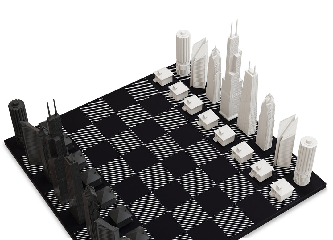 Skyline Chess Set, Chicago, Acrylic, Corner View, Hatch Board