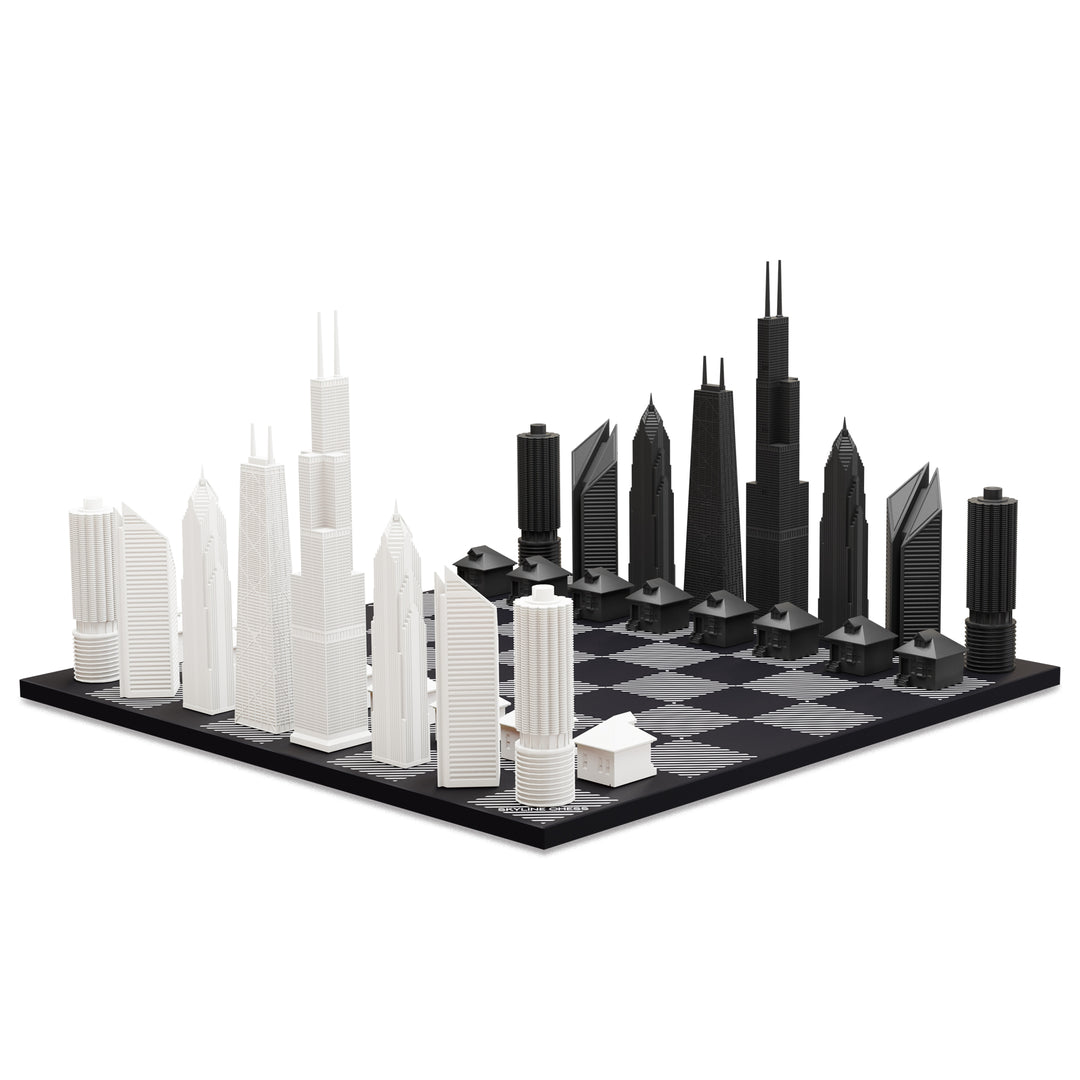 Skyline Chess Set, Chicago, Acrylic, Side View, Marble Hatch Board