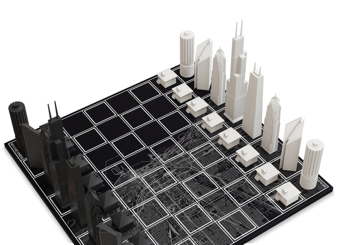 Skyline Chess Set, Chicago, Acrylic, Corner View, B/W Wooden Board