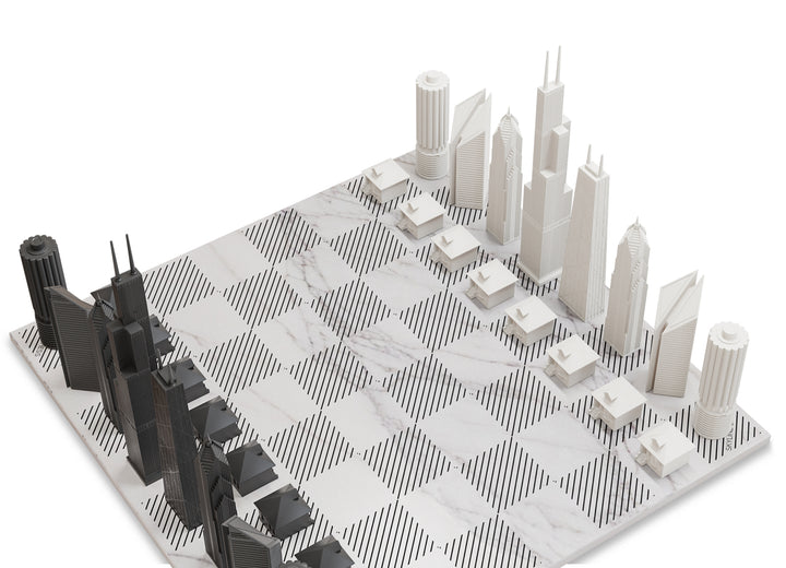 Skyline Chess Set, Chicago, Acrylic, Corner View, Marble Board