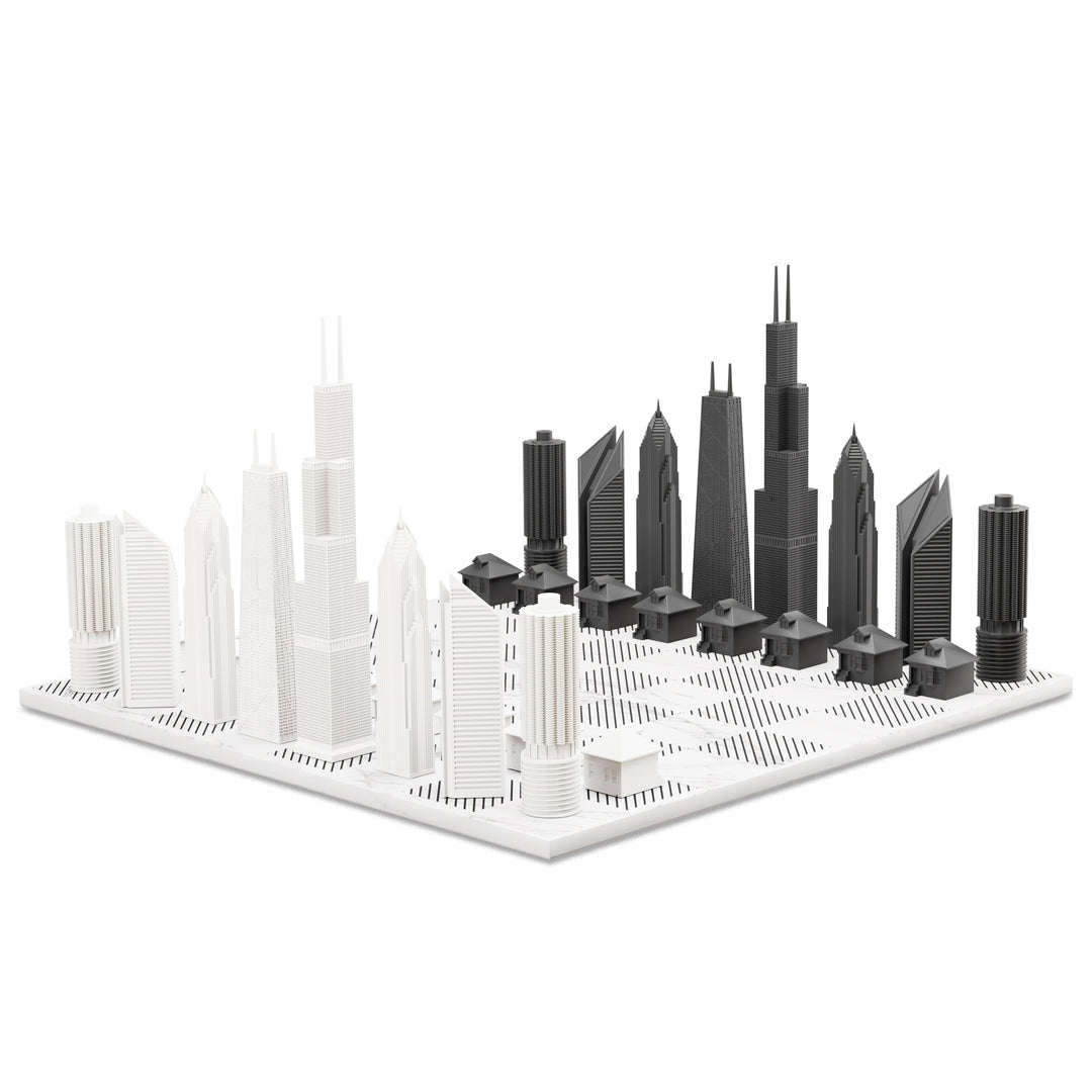 Skyline Chess Set, Chicago, Acrylic, Corner View, Marble Board