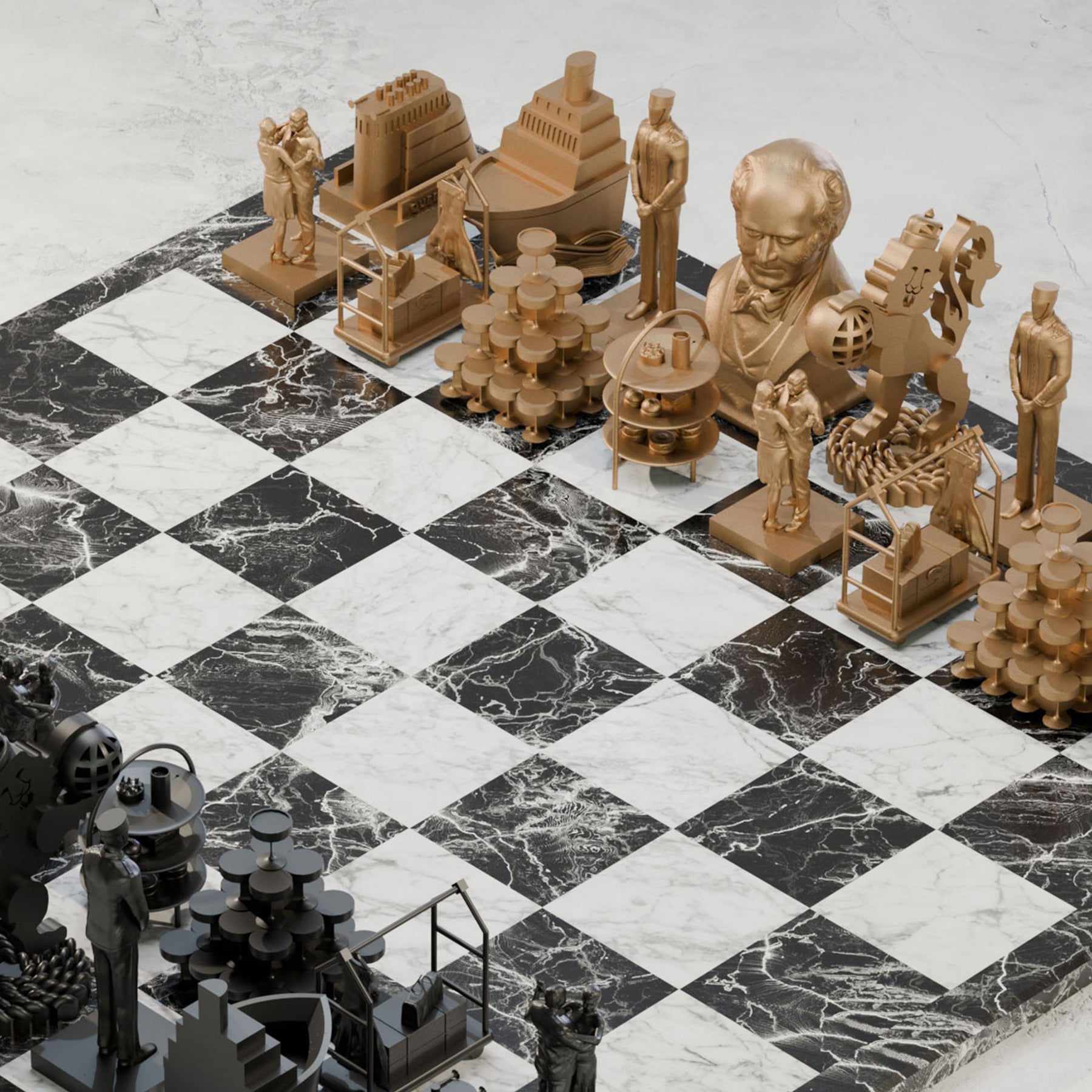 Custom Chess set for Cunard - Bespoke architectural metal bronze chess pieces on a marble board