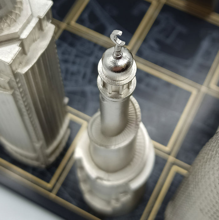 Skyline Chess Bespoke set for Doha - bronze metal chess on wooden printed chess board