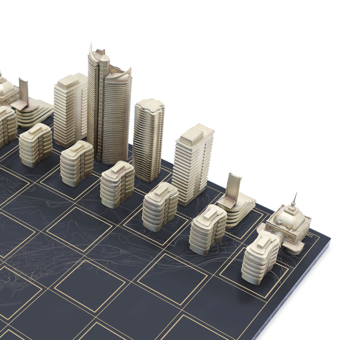 Skyline Chess Bespoke set for Monaco - bronze metal chess on wooden printed chess board