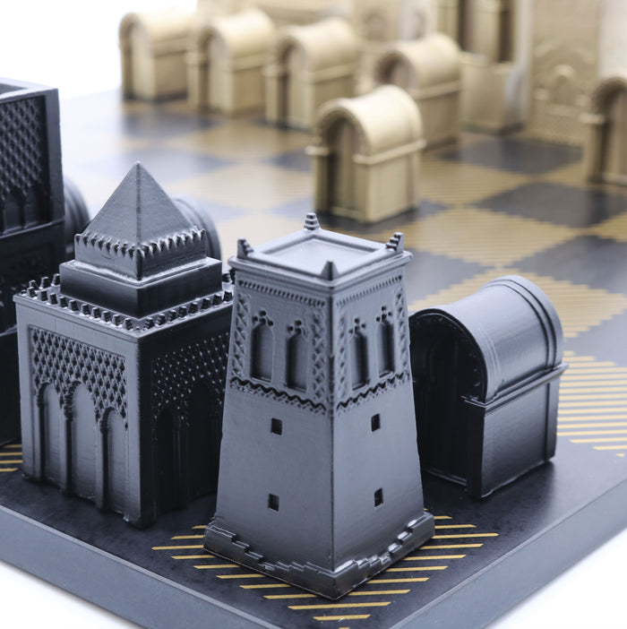 Skyline Chess Bespoke set for Morocco - bronze metal chess on wooden printed chess board