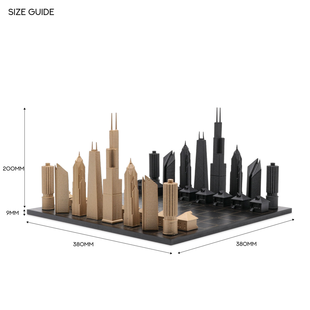 Skyline Chess Set, Chicago, Bronze, Top View, Wood Board