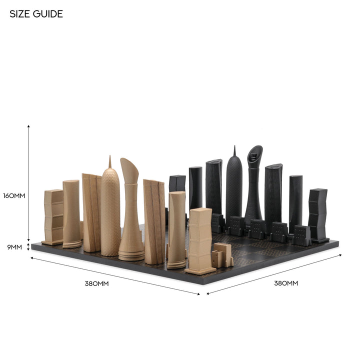 Skyline Chess Set, Doha, Bronze, Detail View, Wood Board