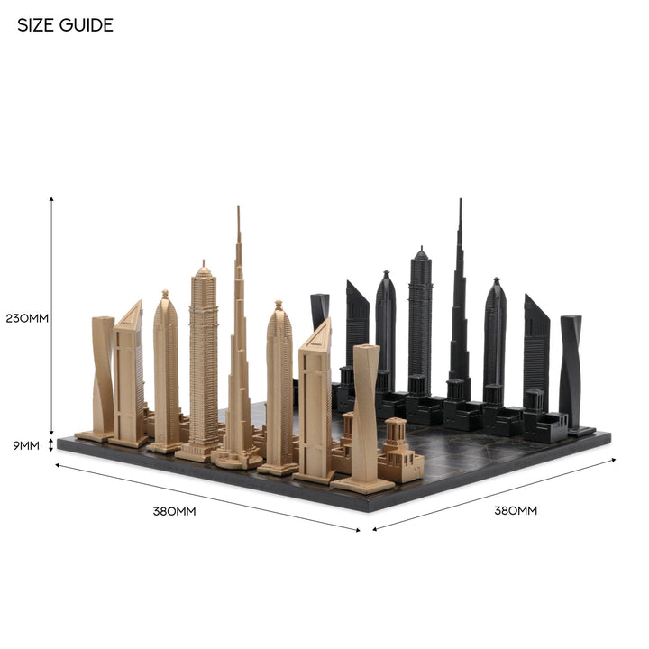 Skyline Chess Set, Dubai, Bronze, Side View, Wood Board