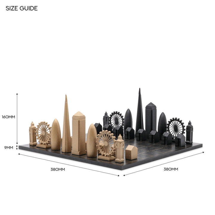 Skyline Chess Set, London, Bronze, Side View, Steel Board