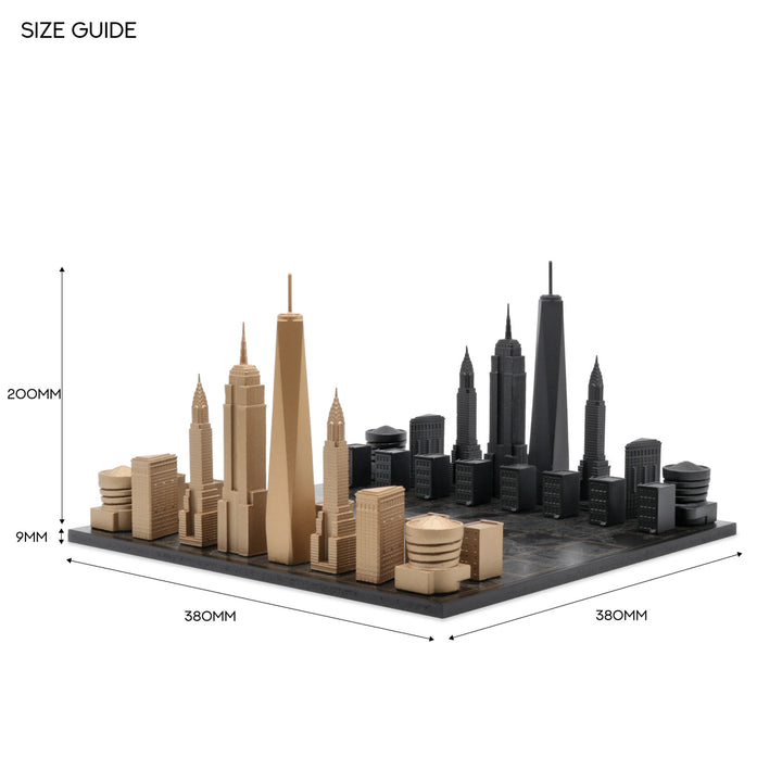 Skyline Chess Set, New York, Bronze, Side View, Board Sizes Chart