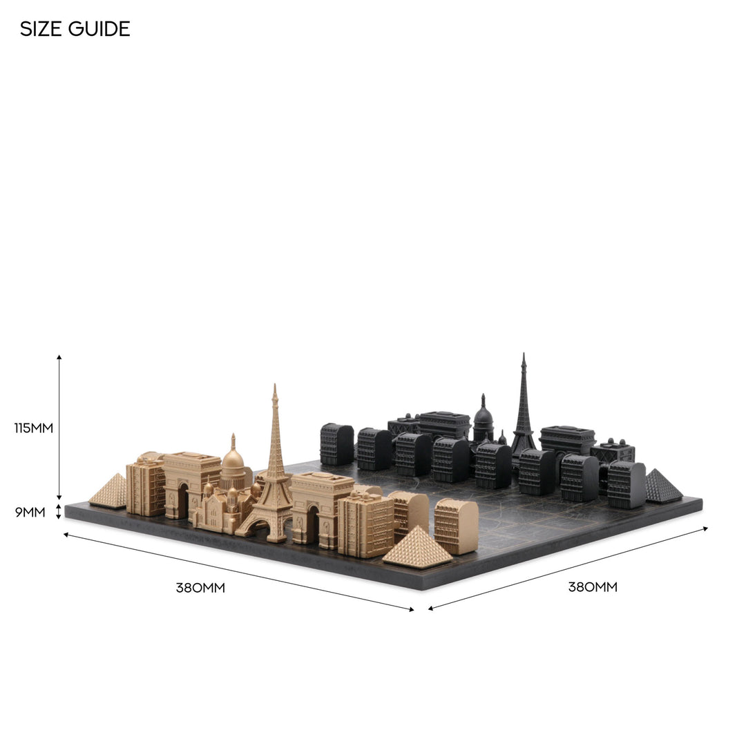 Skyline Chess Set, Paris, Bronze, Top View, Wood Board