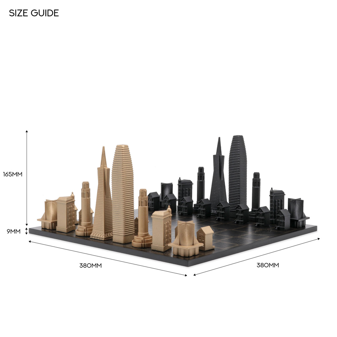 Skyline Chess Set, San Francisco, Bronze, Side View, Wood Board