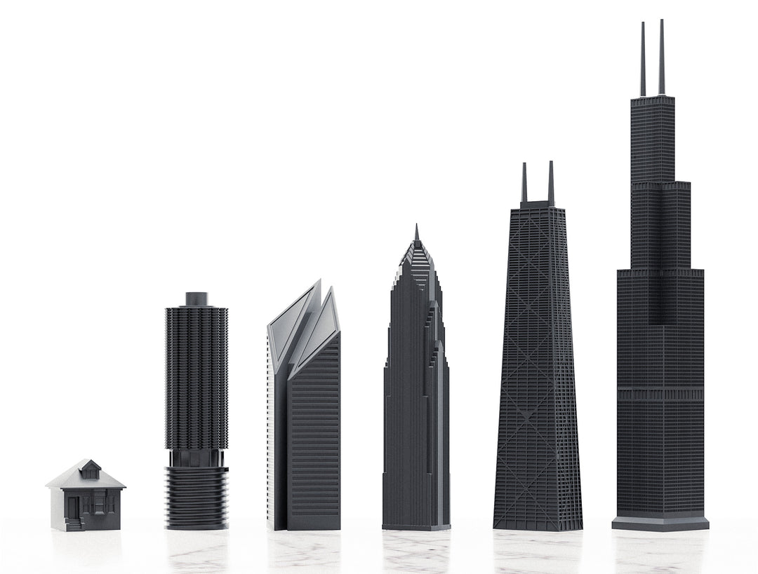 Skyline Chess Set, Chicago, Acrylic, Elevation View, Card Board