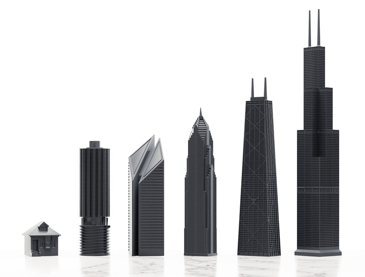 Skyline Chess Set, Chicago, Acrylic, Elevation View, Card Board